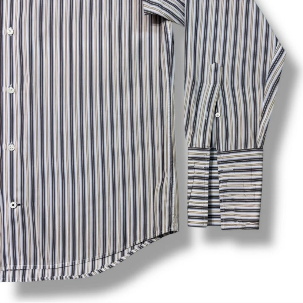 BANANA REPUBLIC Tan & Blue Striped Oxford Cotton Button Front Dress Shirt
